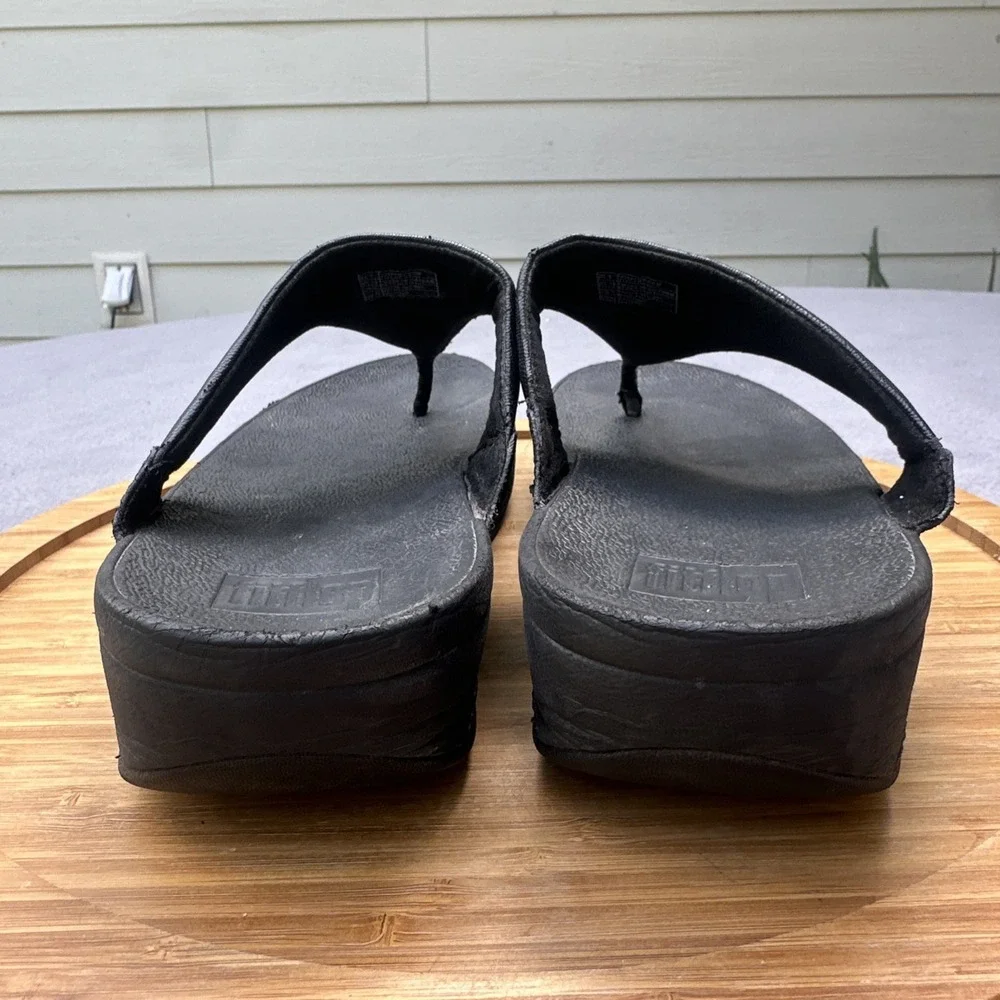FitFlop Lulu Flip Flops Comfort Sandal Shoes Womens 10 Black Leather Wedge